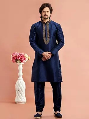 Designer Embroidery Work On Neck Straight Banarasi Art Silk Kurta Pajama Set