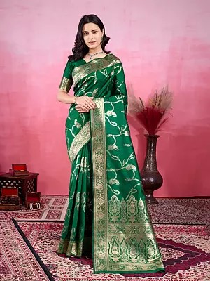 Attractive Soft Lichi Silk Weaving Work Festive Wear Saree With Contrast Pallu