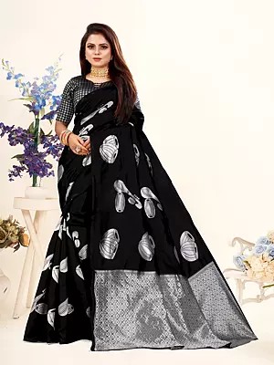 Black Musical Instrument Motifs Weaving Work Lichi Silk Festive Wear Saree With Blouse
