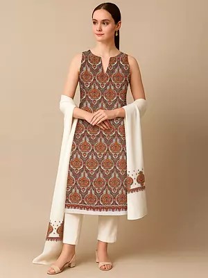 Three-Piece Salwar Kameez with Dupatta and Heavy Embroidered Floral Motifs