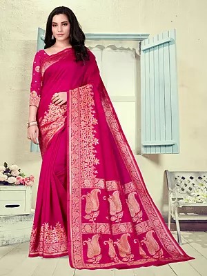 Lichi Silk Floral Motifs Weaving Work Festive Wear Saree With Matching Blouse