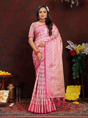 Banarasi Silk Attractive Zig-Zag Pattern Festive Wear Saree With Tassels Pallu
