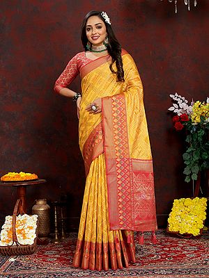 Traditional Banarasi Silk Wide Border Attractive Festive Wear Saree With Contrast Tassels Pallu
