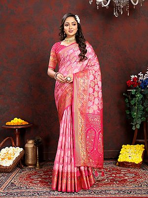 Banarasi Silk Tree Motifs Attractive Wide Border Festive Wear Saree With Contrast Tassels Pallu