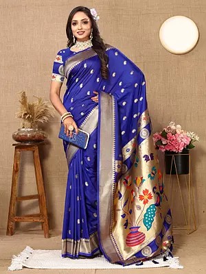 Small Paisleys Woven Motifs Elegant Paithani Silk Saree With Peacock And Floral Print Pallu