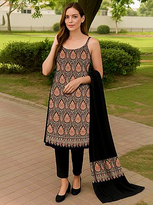 Three-Piece Salwar Kameez Suit with Dupatta and All-Over Intricate Multicolor Embroidered Flowers-Paisleys