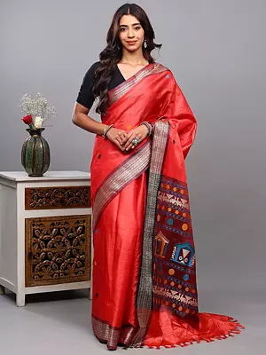 Strawberry-Red Tussar Silk Handloom Saree with Woven Chakra and Ethnic Motifs from Chhattisgarh