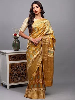 Olive-Oil Floral Block-Printed Saree with Zari woven Golden Thread Border from Madhya Pradesh