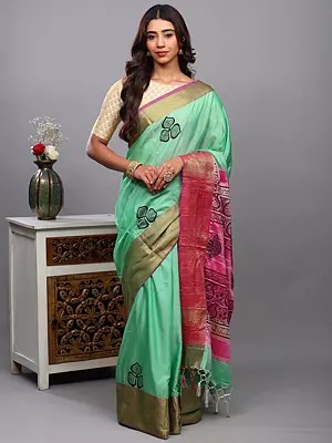 Mint-Green Maheshwari Silk Saree with Printed Motifs and Zari Woven Chevron Wide Border from Madhya Pradesh