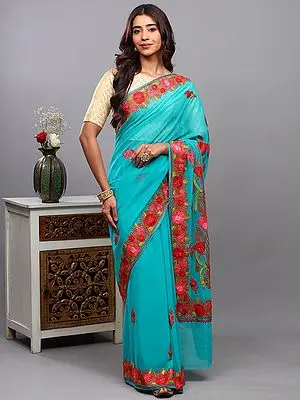 Spectra-Green Georgette Saree from Kashmir with Aari Embroidered Floral Motifs