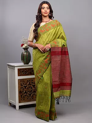 Grenoble-Green Stripes Tangail Saree from Bengal with Woven Lotuses Vine Border