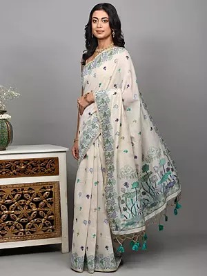 Pure Cotton Saree with Woven Lotus Bootis and Floral Pond Border-Pallu