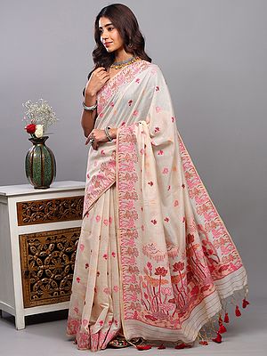 Pure Cotton Saree with Woven Lotus Bootis and Floral Pond Border-Pallu