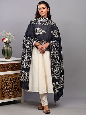 Batik Floral Printed Art Silk Dupatta from Telangana with Fringes