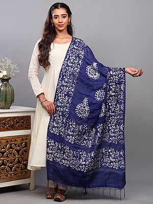 Batik Floral Printed Art Silk Dupatta from Telangana with Fringes