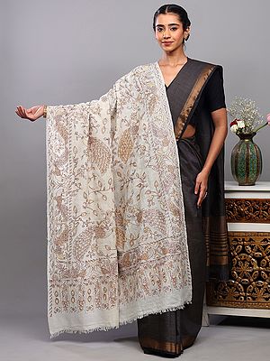 Off-White Pure Pashmina Shawl with Peacock on Tree Branch Embroidered in Golden-Silver Colored Thread on All-Over