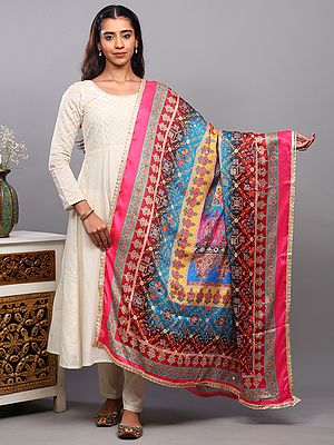 Multicolor Printed Art Silk Dupatta from Amritsar with Bead-Mirror work and Lace Border