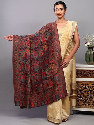 Pure Wool Kani Jamawar Shawl with Multicolor Thread Woven Mughal Pattern