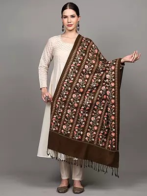Wool Stole with Aari Embroidered Floral Vines in Multi-Color Thread from Punjab