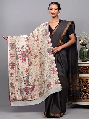 Wool Shawl with Zari work and Multicolor Thread Woven Marriage Procession and Inner Lining