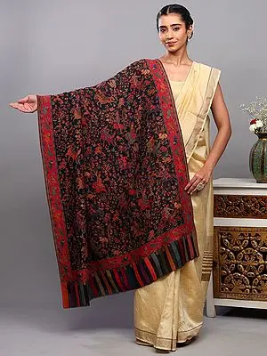 Pirate-Black Pure Wool Kani Jamawar Shawl with Woven Mughal Hunting Scene