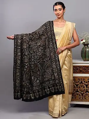 Black-Onyx Pure Pashmina Shawl with Intricate Tilla Embroidered Flowers on All-Over