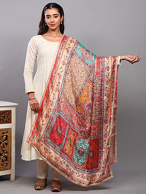 Multicolor Floral Printed Dupatta with Bead-Mirror work and Golden Lace Border from Amritsar