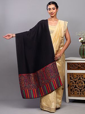 Bristol-Black Reversible Pure Wool Stole with Kani Weave Floral Palla