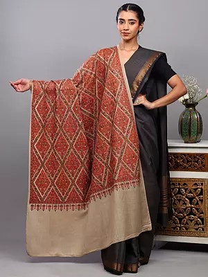 Wool Shawl from Punjab with Multicolor Thread Embroidered Flowers in Diamond Pattern