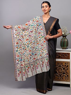 Solitary-Star Aari Embroidered Kalamkari Shawl from Amritsar with Printed Flowers and Paisleys