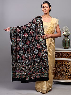 Jet-Black Pure Pashmina Shawl with Heavy Detailed Tilla Embroidered Flowers