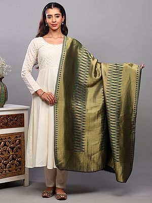 Amber-Green Shimmer Pure Wool Shawl with All-Over Weave in Zari Thread