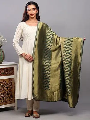 Amber-Green Shimmer Pure Wool Shawl with All-Over Weave in Zari Thread