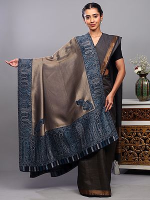 Gilded-Beige Shawl with Shimmery Metallic Zari Thread Weave and Paisleys Border