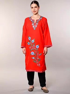Phiran from Kashmir with Aari Embroidered Floral Motifs and Side Pockets