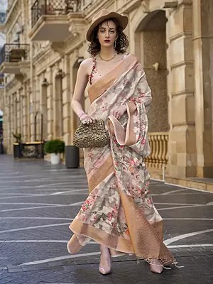 Poly Brasso Flower Printed Handloom Weaving Designer Saree & Tassels Pallu