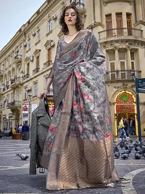 Poly Brasso Handloom Weaving Floral Printed Designer Saree With Blouse