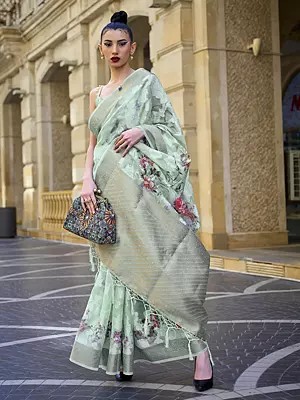 Poly Brasso Handloom Weaving Floral Printed Border Designer Saree