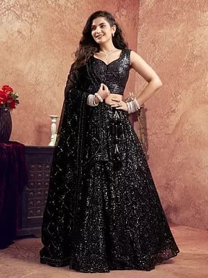 Midnight-Black Designer Net Lehenga Choli And Dupatta With Premium Heavy Sequence