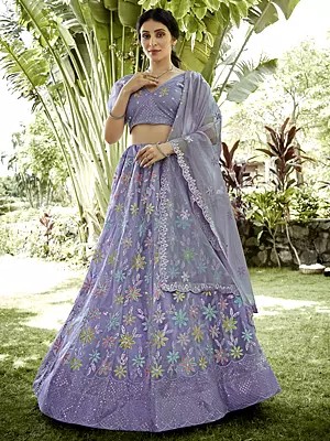 Wisteria-Purple Embroidery And Sequence Work Silk Net Designer Lehenga Choli With Dupatta