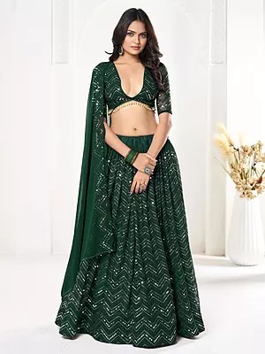 Bottle-Green Embroidery And Sequence Work Georgette Designer Lehenga Choli With Dupatta