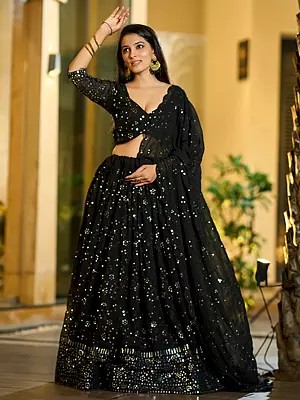 Almost-Black Embroidery And Sequence Work Georgette Designer Lehenga Choli With Dupatta