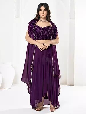 Deep-Violet Self Design Silk Flower Designer Party Wear Lehenga Choli With Dupatta