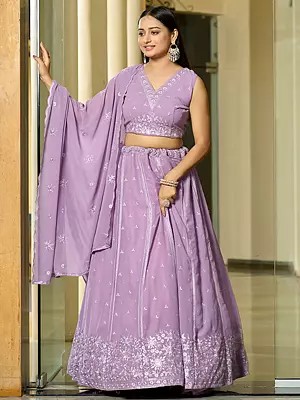 Very-Light-Purple Embroidery And Sequence Work Georgette Designer Lehenga Choli With Dupatta