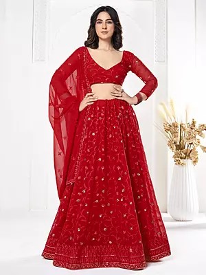 Venetian-Red Embroidery And Sequence Work Georgette Designer Lehenga Choli With Dupatta