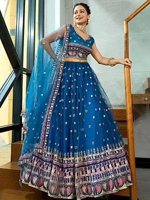 Medium-Electric-Blue Embroidery And Sequence Work Net Designer Lehenga Choli With Dupatta