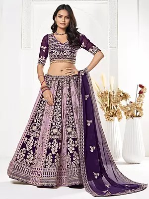 Deep-Violet Embroidery Work Georgette Designer Lehenga Choli With Dupatta