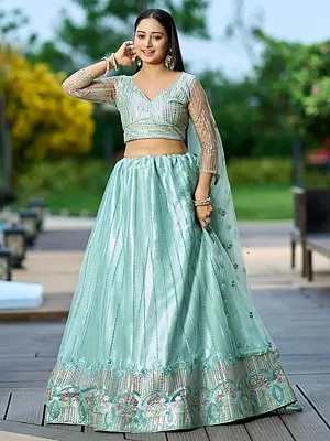 Aqua-Island Embroidery And Sequence Work Net Designer Lehenga Choli With Dupatta