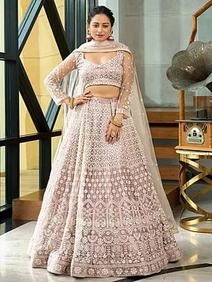 Quicksand Embroidery Work Net Designer Lehenga Choli With Net Dupatta