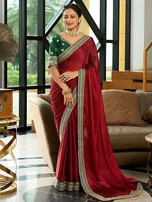 Vivid-Burgundy Embroidery Work Rangoli Silk Party Wear Designer Saree With Blouse